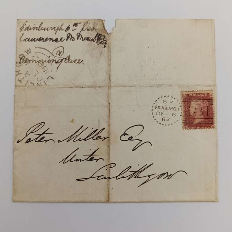1862 Scottish cover Edinburgh to Linlithgow with penny red with SH corners & stars
