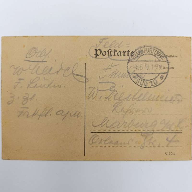 1916 WW1 Frankfurt South Feldpostkarte to Marburg - Private message