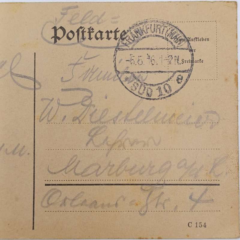 1916 WW1 Frankfurt South Feldpostkarte to Marburg - Private message
