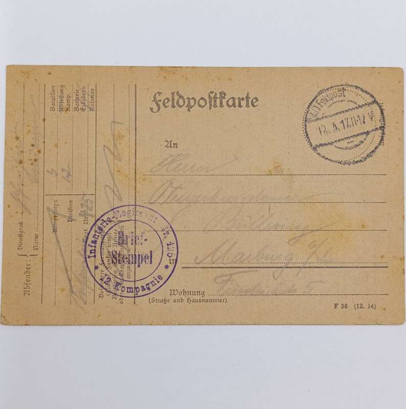 1917 WW1 Feldpostkarte 3rd Batallion 12 Company posted to Marburg