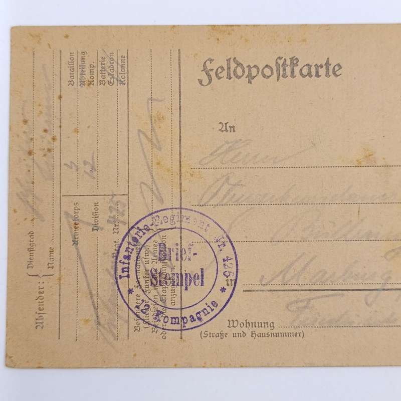 1917 WW1 Feldpostkarte 3rd Batallion 12 Company posted to Marburg