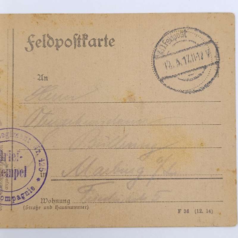 1917 WW1 Feldpostkarte 3rd Batallion 12 Company posted to Marburg