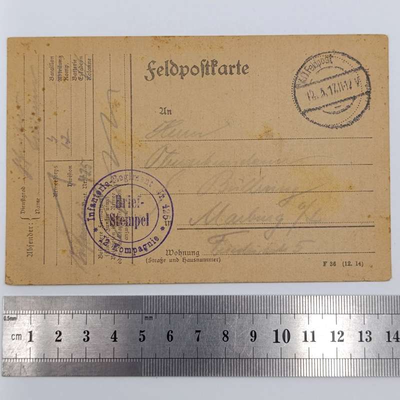 1917 WW1 Feldpostkarte 3rd Batallion 12 Company posted to Marburg