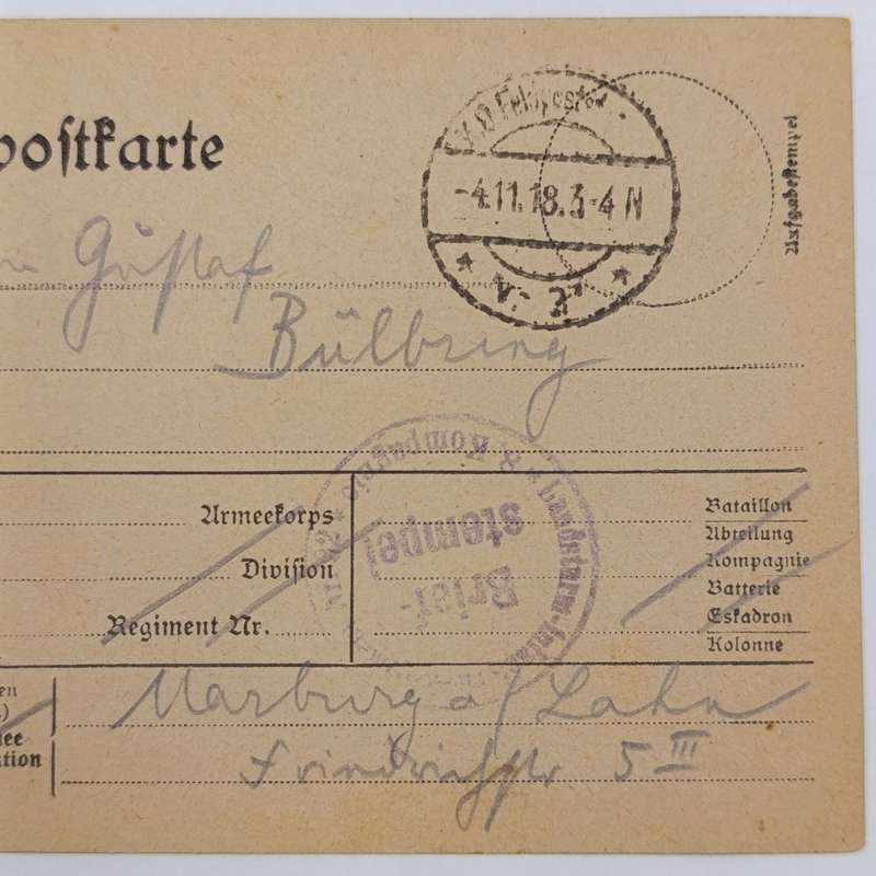 1918 WW1 Feldpostkarte sent by Paul Fischmann