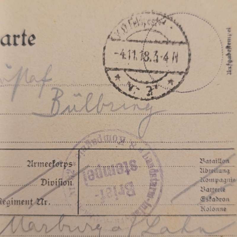 1918 WW1 Feldpostkarte sent by Paul Fischmann