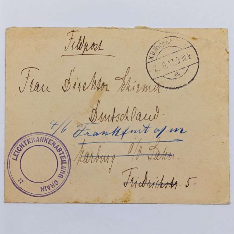 WW1 Feldpost cover addressed to Frau Director Schirmen - redirected to Frankfurt from Harburg