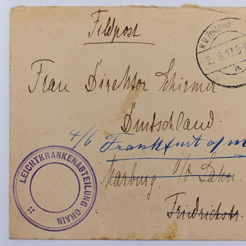 WW1 Feldpost cover addressed to Frau Director Schirmen - redirected to Frankfurt from Harburg