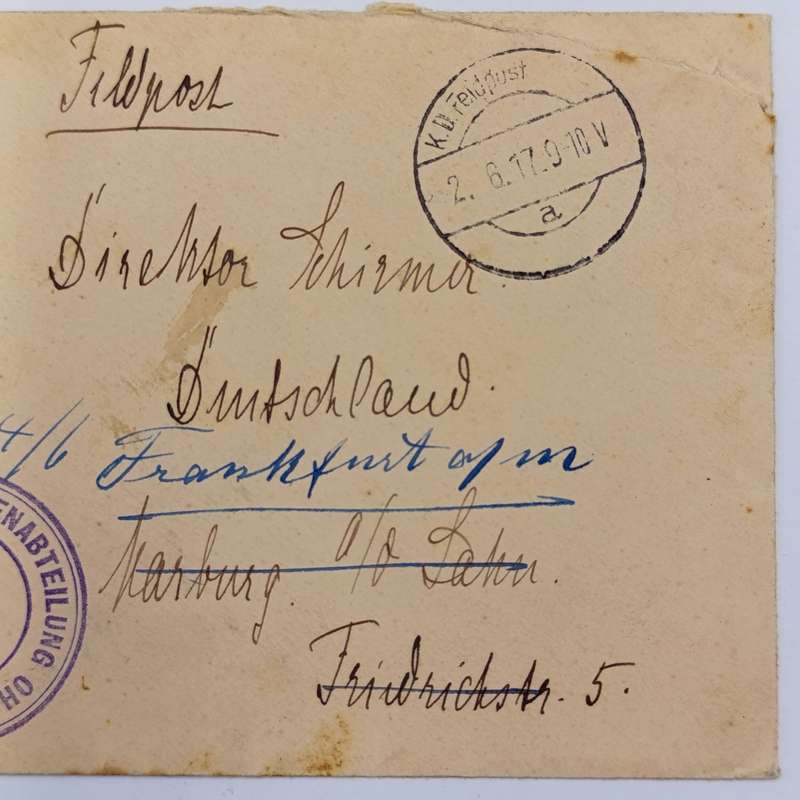WW1 Feldpost cover addressed to Frau Director Schirmen - redirected to Frankfurt from Harburg