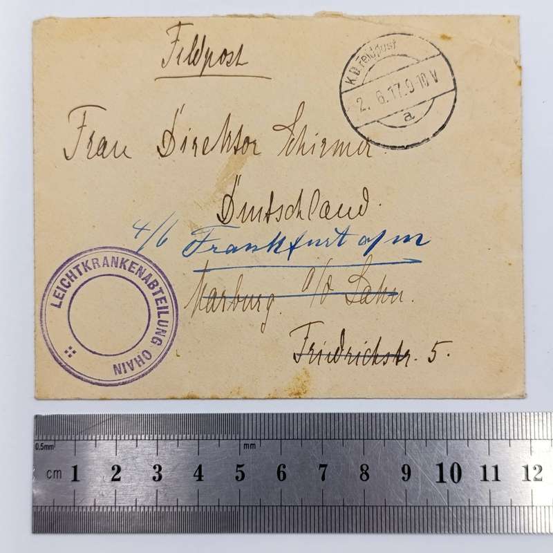 WW1 Feldpost cover addressed to Frau Director Schirmen - redirected to Frankfurt from Harburg