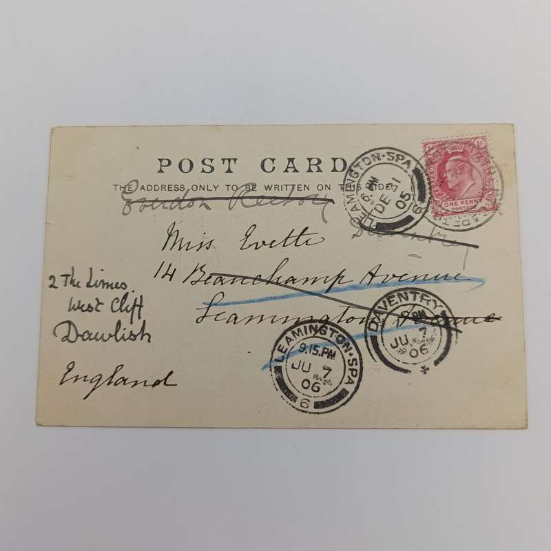 1905 Postcard Stal str, Cape Town to Leamington spa rerouted to Dawlish, England through Daventry