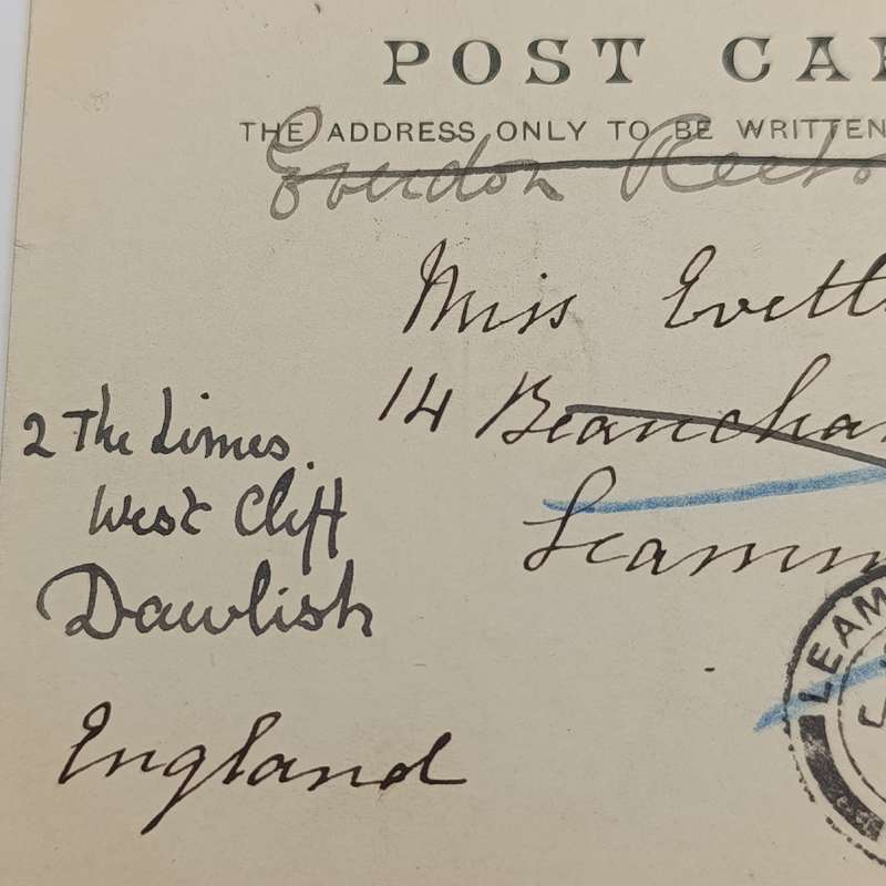 1905 Postcard Stal str, Cape Town to Leamington spa rerouted to Dawlish, England through Daventry