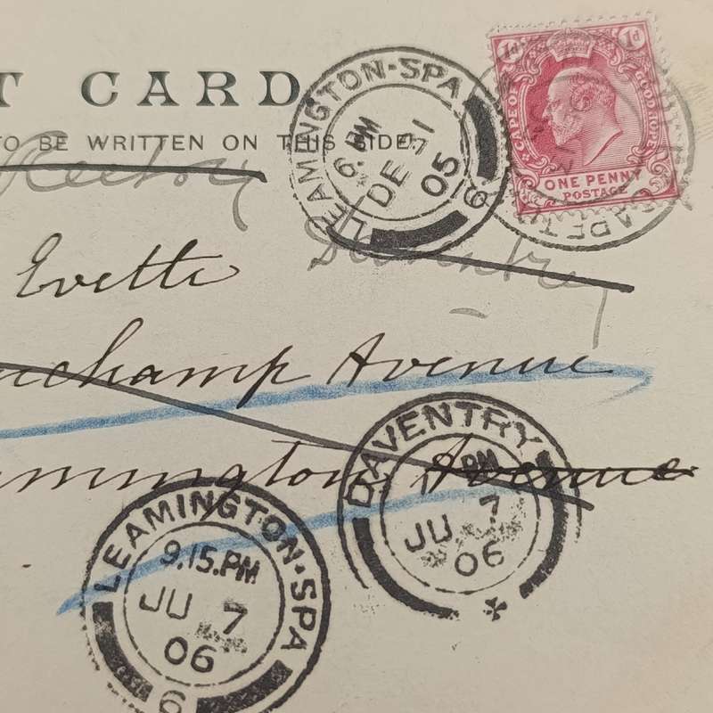 1905 Postcard Stal str, Cape Town to Leamington spa rerouted to Dawlish, England through Daventry