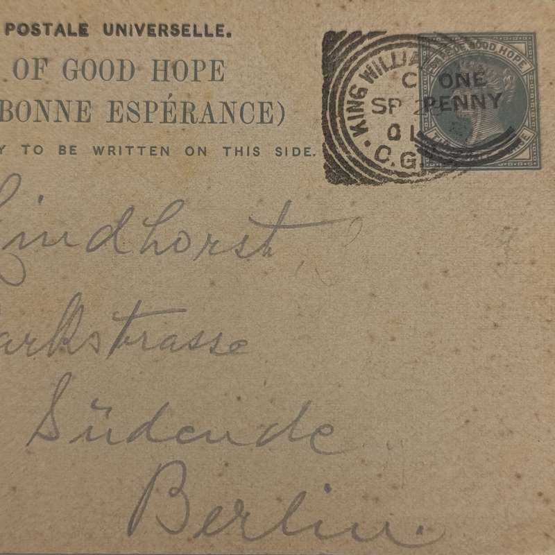 Postcard sent 1901 from King Williams Town, Cape of Good Hope to Berlin