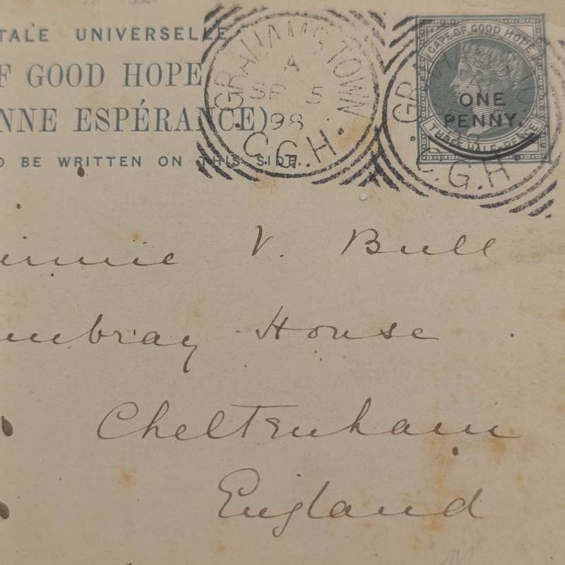 Cape of Good Hope Postcard 1898 Grahamstown to England - Pre printed 3 half penny postage