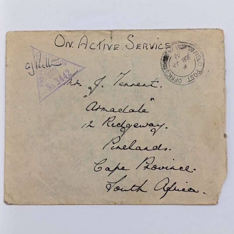 1941 WW2 On Active service cover posted from Field Post Office 174 to Pinelands South Africa