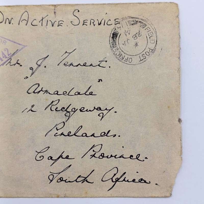 1941 WW2 On Active service cover posted from Field Post Office 174 to Pinelands South Africa