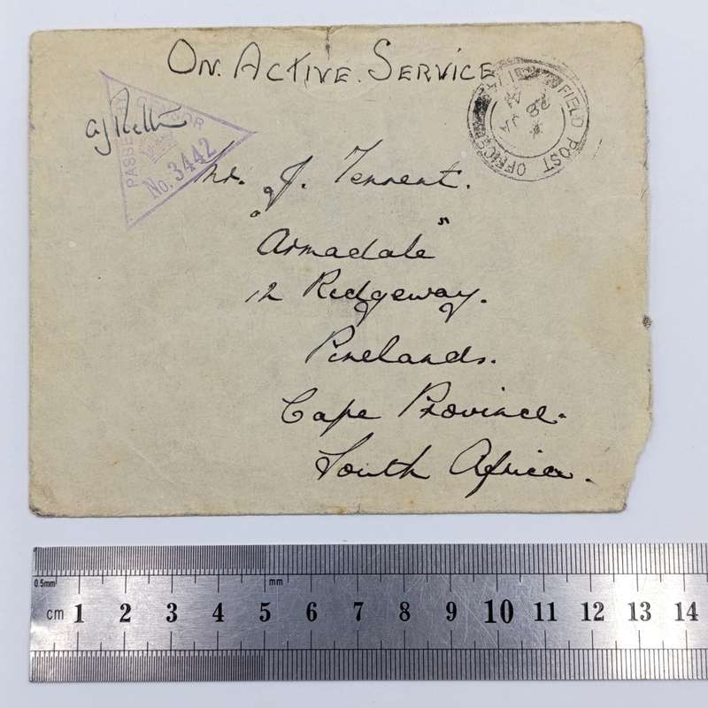 1941 WW2 On Active service cover posted from Field Post Office 174 to Pinelands South Africa