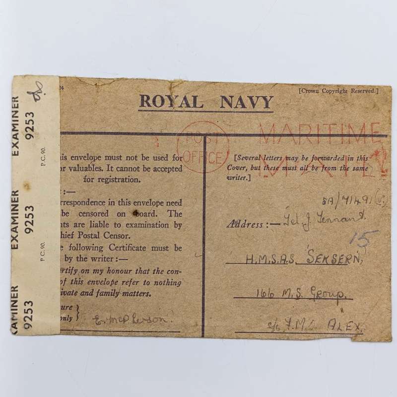 Censored cover on Royal NAVY Stationery - Maritime mail cancel applied and resealed by censor 9253