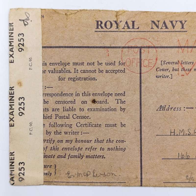 Censored cover on Royal NAVY Stationery - Maritime mail cancel applied and resealed by censor 9253