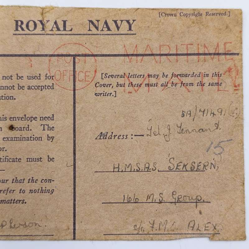Censored cover on Royal NAVY Stationery - Maritime mail cancel applied and resealed by censor 9253
