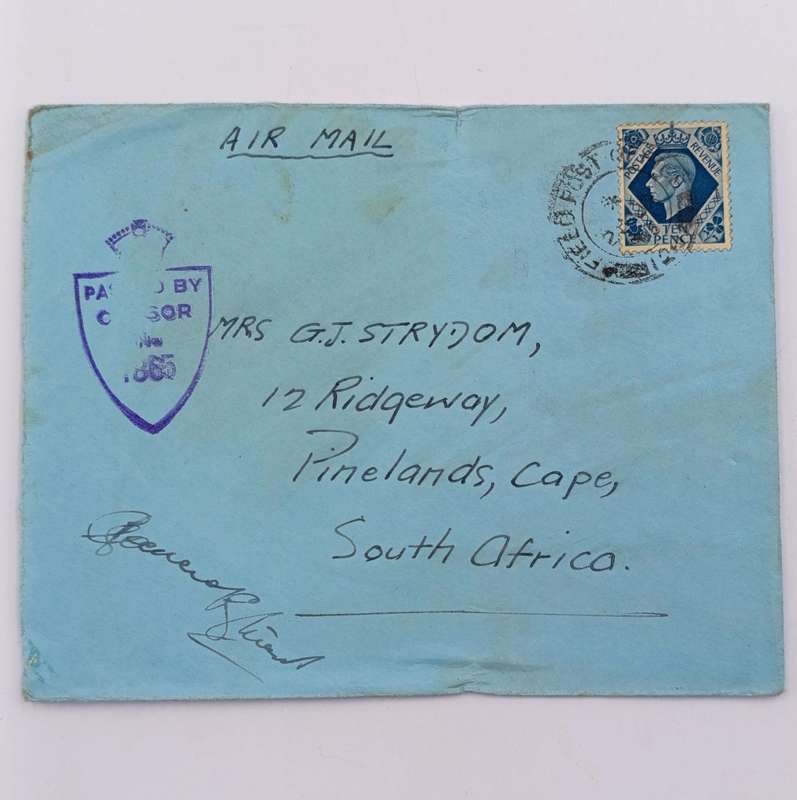 Airmail Field Post cover to Pinelands, South Africa with passed by censor 1865 mark
