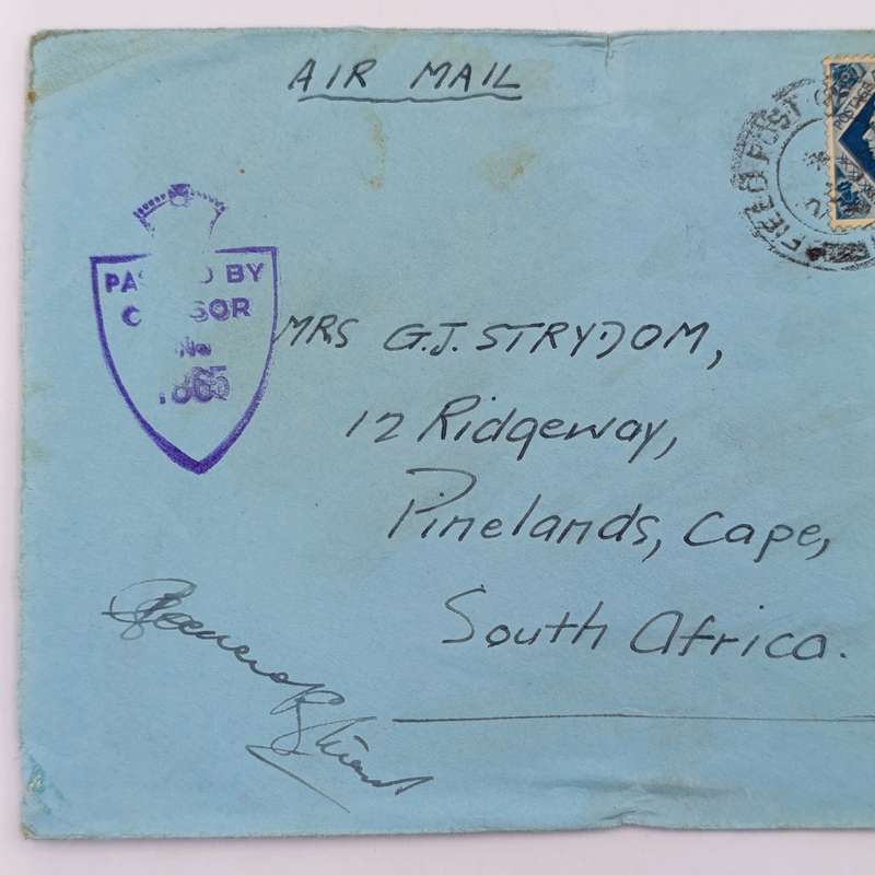 Airmail Field Post cover to Pinelands, South Africa with passed by censor 1865 mark