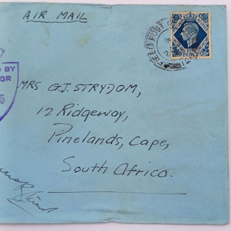 Airmail Field Post cover to Pinelands, South Africa with passed by censor 1865 mark