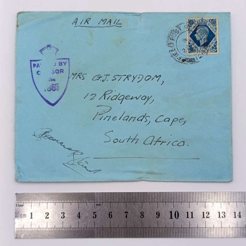 Airmail Field Post cover to Pinelands, South Africa with passed by censor 1865 mark