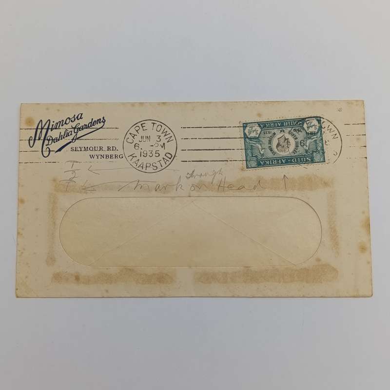 Cover posted Cape Town to Fishhoek 3-6-1935 on Mimosa Dahlia Gardens Stationary
