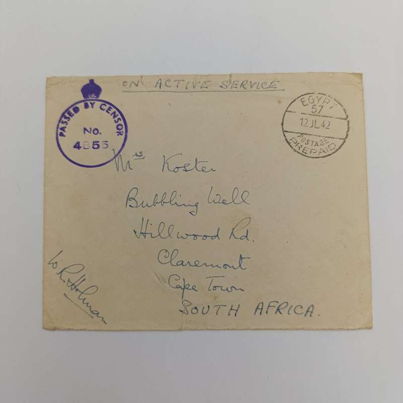 On active service WW2 Cover - Egypt (ST) to Claremont South Africa - Passed by Censor no 4855 mark
