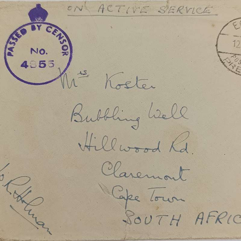 On active service WW2 Cover - Egypt (ST) to Claremont South Africa - Passed by Censor no 4855 mark