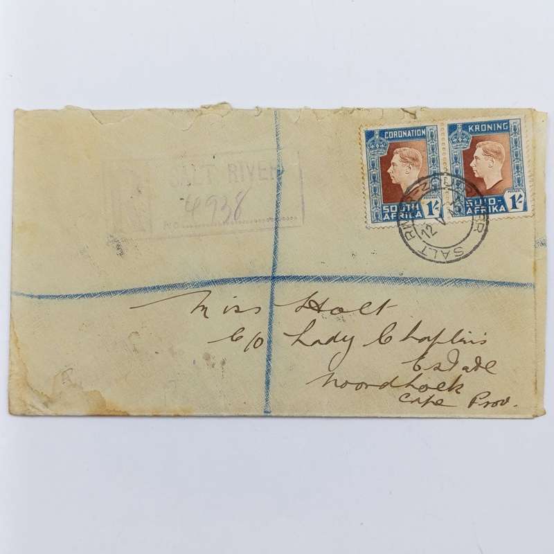 1937 Registered cover Salt River / ZoutRiver with pair of 1 shilling corornation stamps