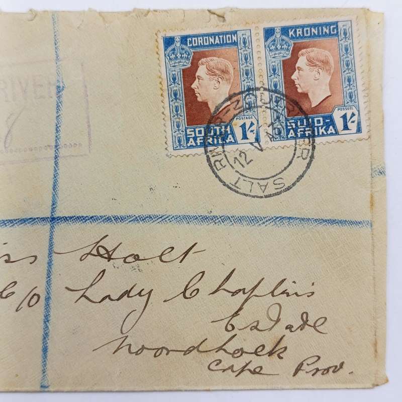 1937 Registered cover Salt River / ZoutRiver with pair of 1 shilling corornation stamps