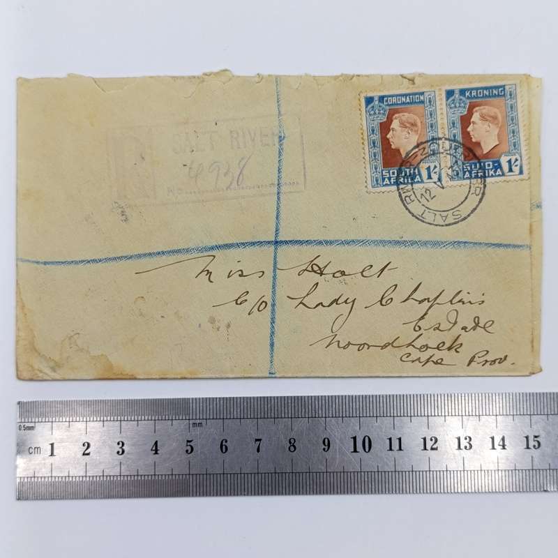 1937 Registered cover Salt River / ZoutRiver with pair of 1 shilling corornation stamps