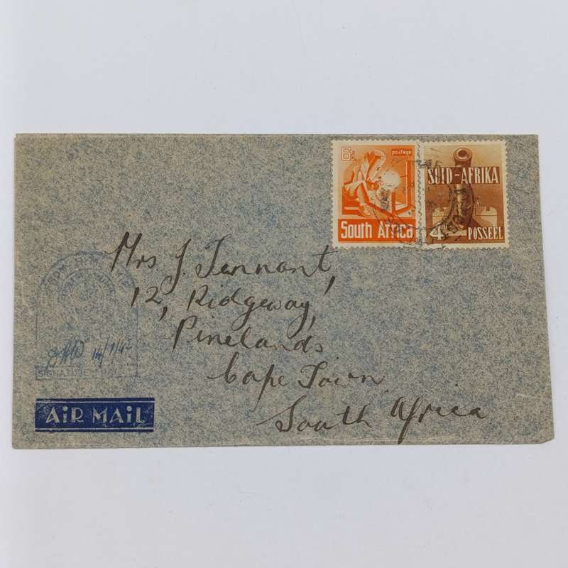 Airmail WW2 cover with HM Ship Censor mark plus Field Post cancel on 2 South Africa stamps