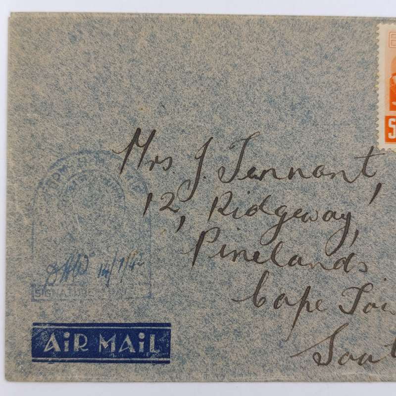 Airmail WW2 cover with HM Ship Censor mark plus Field Post cancel on 2 South Africa stamps