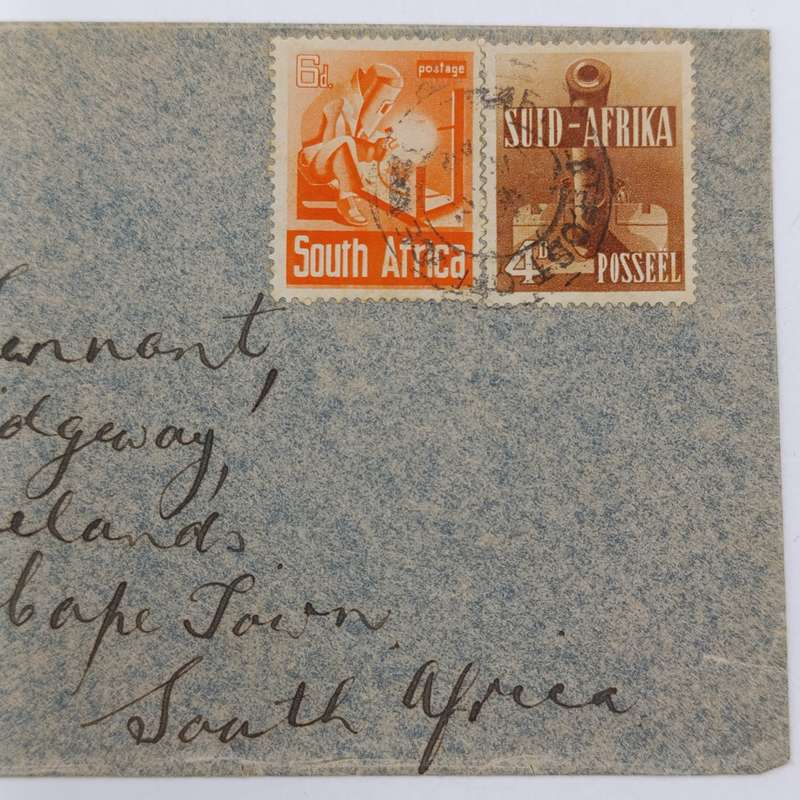 Airmail WW2 cover with HM Ship Censor mark plus Field Post cancel on 2 South Africa stamps