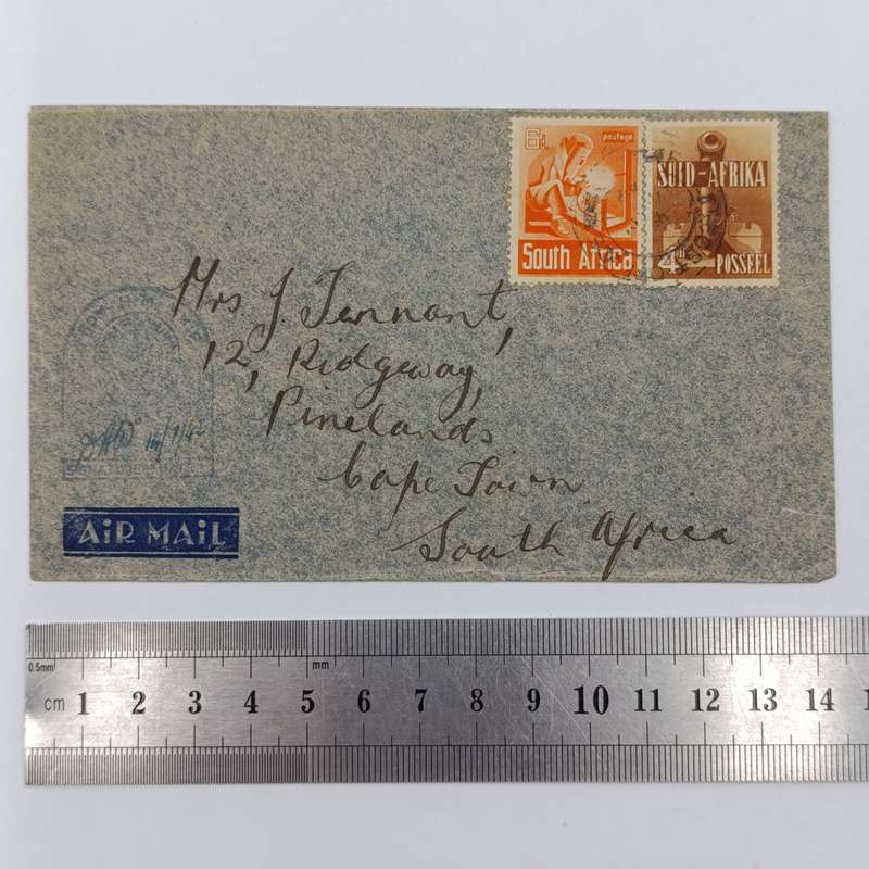 Airmail WW2 cover with HM Ship Censor mark plus Field Post cancel on 2 South Africa stamps
