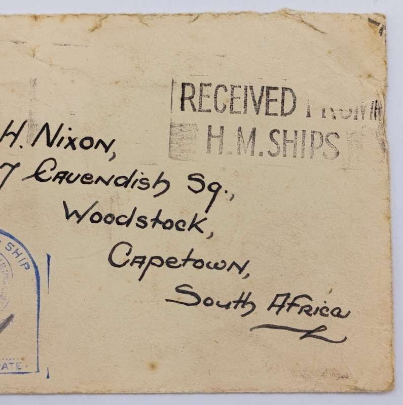 WW2 Cover Received from HM Ships to Woodstock plus South Africa with HM Ship Censor mark applied