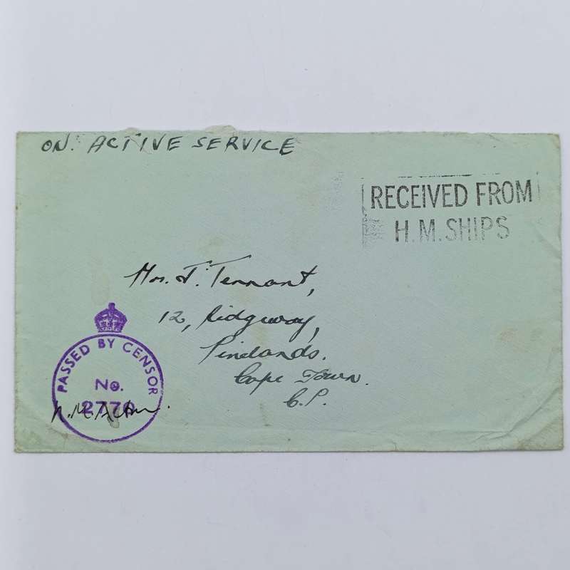 WW2 On Active Service cover - Passed by Censor no. 2770 and Received from HM Ships marks applied