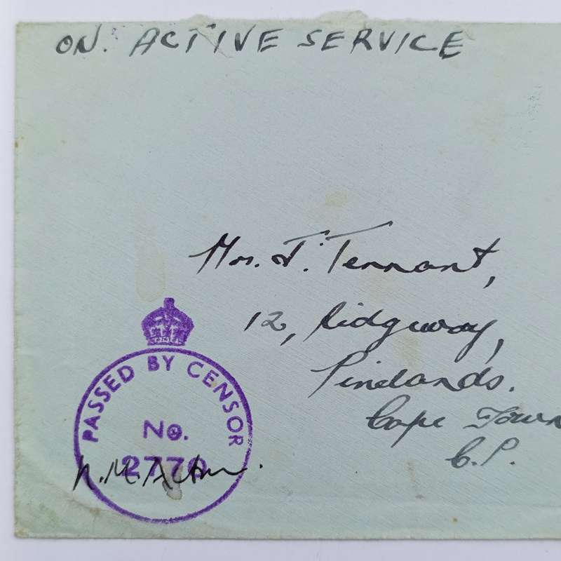 WW2 On Active Service cover - Passed by Censor no. 2770 and Received from HM Ships marks applied