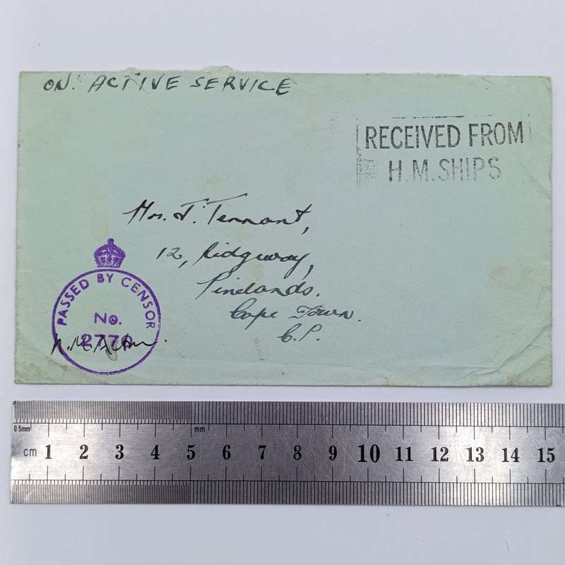 WW2 On Active Service cover - Passed by Censor no. 2770 and Received from HM Ships marks applied