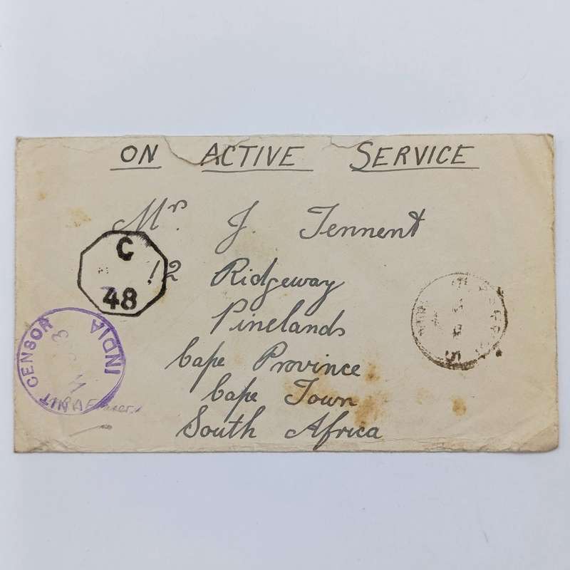 Dn Active Service Cover India to Cape Town, South Africa - WW2 period