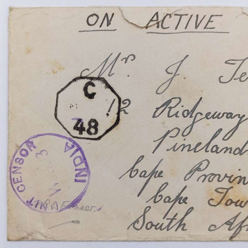 Dn Active Service Cover India to Cape Town, South Africa - WW2 period