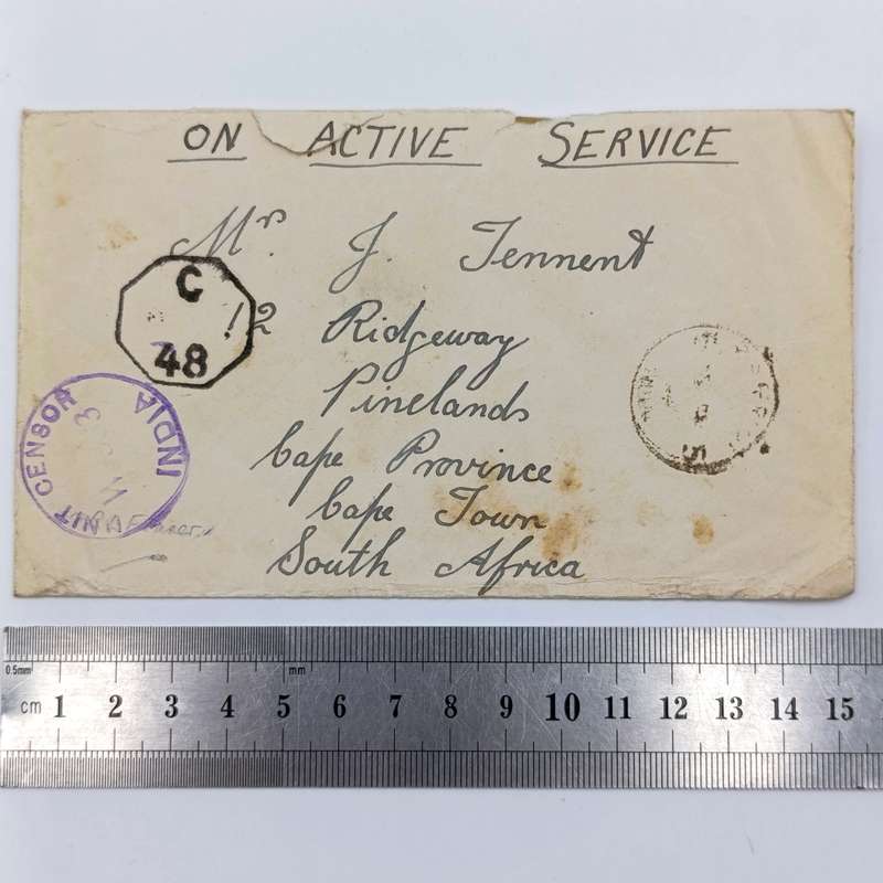 Dn Active Service Cover India to Cape Town, South Africa - WW2 period