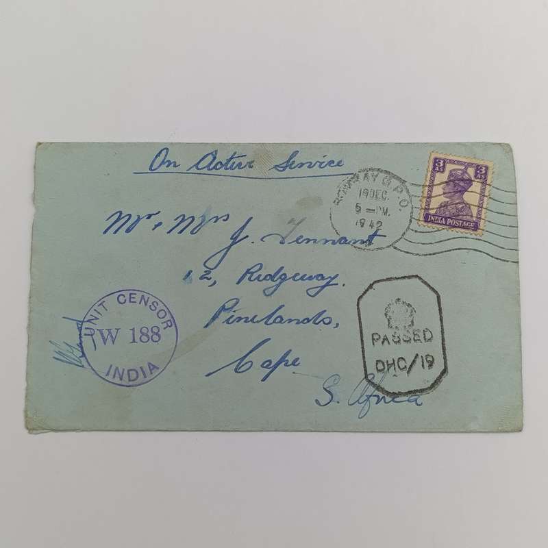 1942 On Active Service cover India to South Africa - Unit Censor W188 India rubber mark