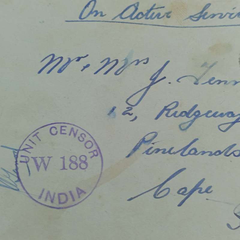 1942 On Active Service cover India to South Africa - Unit Censor W188 India rubber mark