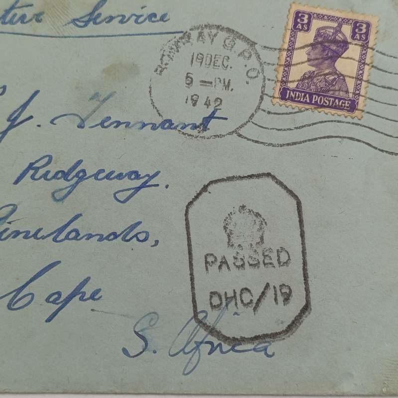 1942 On Active Service cover India to South Africa - Unit Censor W188 India rubber mark