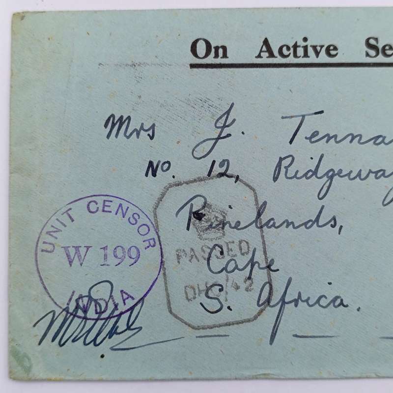 WW2 On Active Service cover to Pinelands, South Africa - with UNIT CENSOR W199 INDIA Rubber stamp