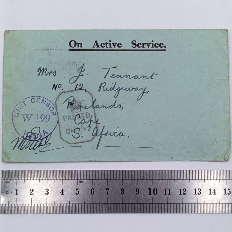 WW2 On Active Service cover to Pinelands, South Africa - with UNIT CENSOR W199 INDIA Rubber stamp
